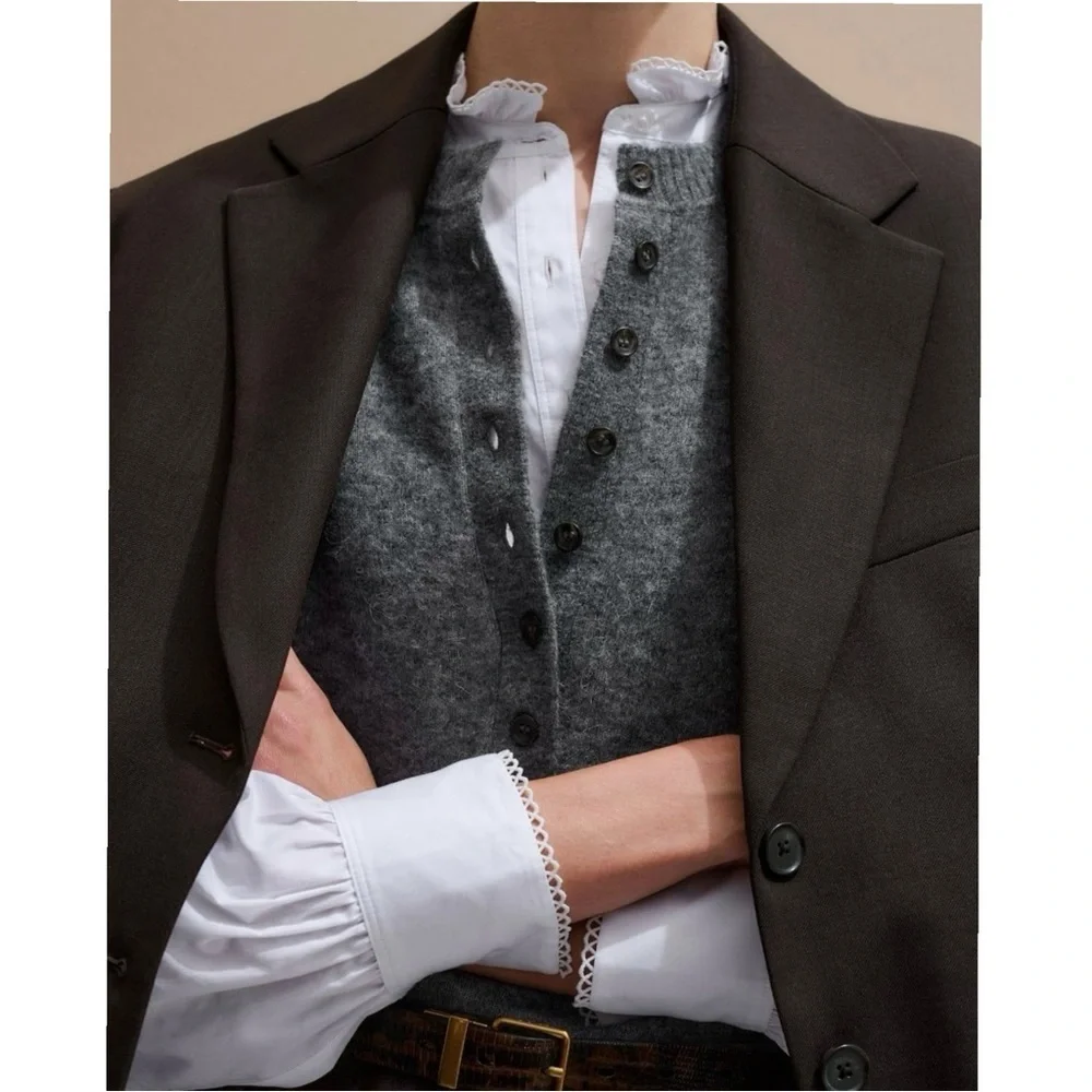 Zara 100% Wool Cardigan SZ XL Dark Gray Button Front Stsple Capsule Wardrobe - Picture 3 of 15
